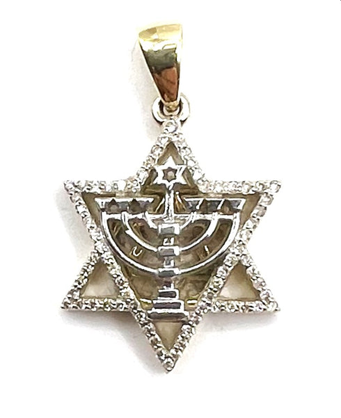 14K Gold & Diamond Star of David and Menorah Necklace